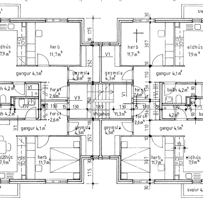 Klettastígur 2-4 - floor plan, two one-bedroom apartments and two two-bedroom apartments