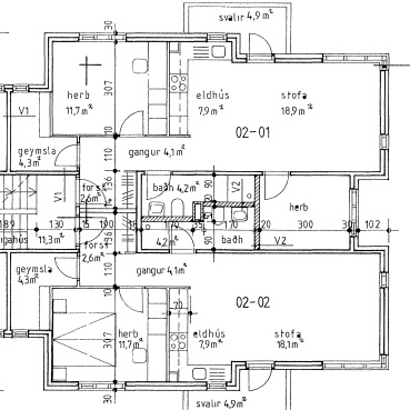 Klettastígur 2-4 - floor plan, one-bedroom apartment and two-bedroom apartment